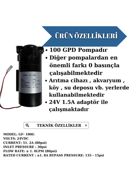 Pompa 100 Gpd Su Arıtma Cihazı Pompası - Basınçsız Suda Çalışma Özellikli