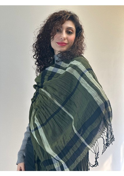 Yeşil Çizgili Ekose Fular Şal UNİSEX200X90 cm