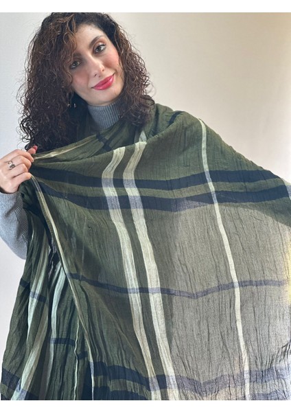 Yeşil Çizgili Ekose Fular Şal UNİSEX200X90 cm