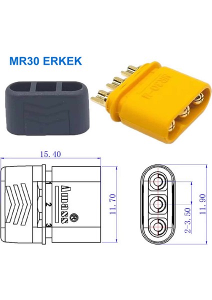MR30 Dişi Erkek Konnektör Soket Çift 3 Pin Lipo Pil Batarya Bağlantı Konnektörü 30A Yüksek Akım Rc Multikopter Uçak Helikopter Esc