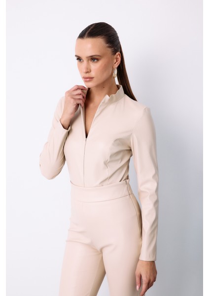 Fermuarlı Deri Bodysuit - Taş
