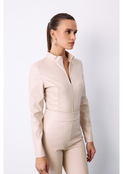 Fermuarlı Deri Bodysuit - Taş modelleri