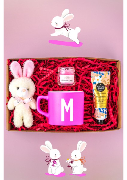 Kişiye Özel Hediye Seti- Peluş Tavşan Anahtarlık - Pembe Çay-Kahve Fincanı - Mini Cam Mum Pembe - Eyüp Sabri Tuncer El Kremi - Özel Tasarım Hediye Kutusu