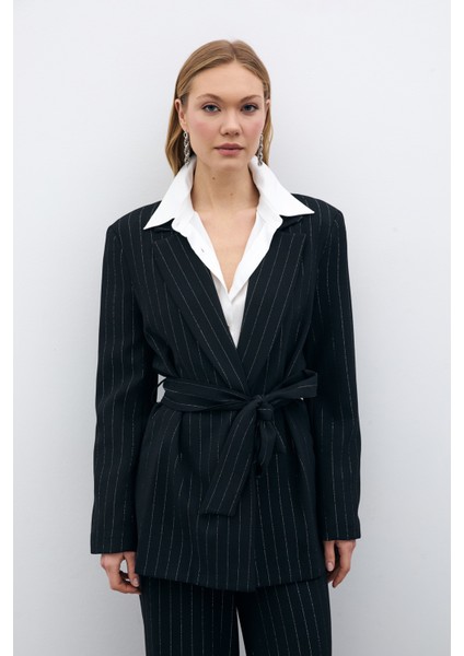 Simli Çizgili Kuşaklı Ceket - Siyah Çizgili modelleri