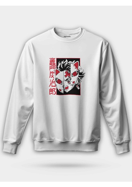 Demon Slayer Maske Baskılı Bisiklet Yaka Oversize Sweatshirt Anime Manga