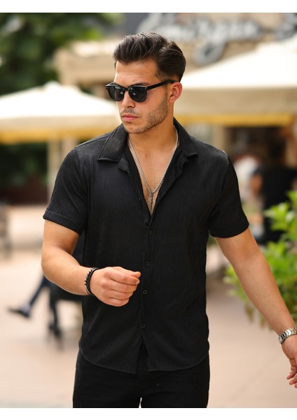 Erkek Yazlık Likralı Slim Fit Gömlek Yaka Kısa Kollu Gömlek