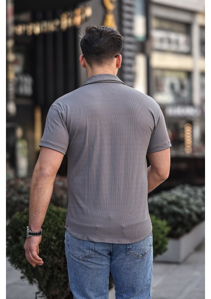 Erkek Yazlık Likralı Slim Fit Gömlek Yaka Kısa Kollu Gömlek