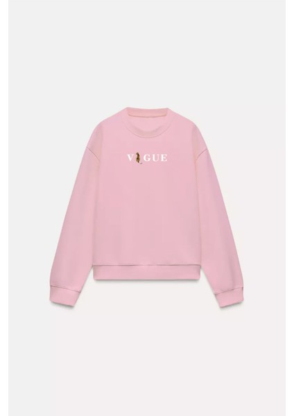 Vogue Yazı Baskılı Bisiklet Yaka Içi Polar Oversize Kesim Pembe Sweatshirt