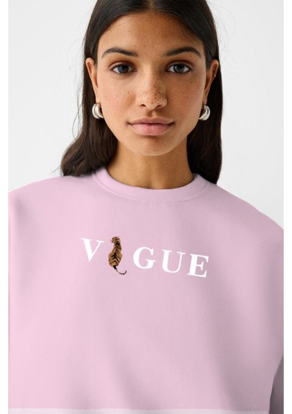 Vogue Yazı Baskılı Bisiklet Yaka Içi Polar Oversize Kesim Pembe Sweatshirt