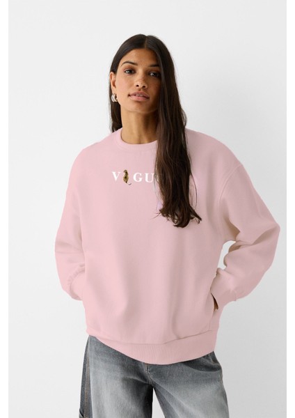 Vogue Yazı Baskılı Bisiklet Yaka Içi Polar Oversize Kesim Pembe Sweatshirt