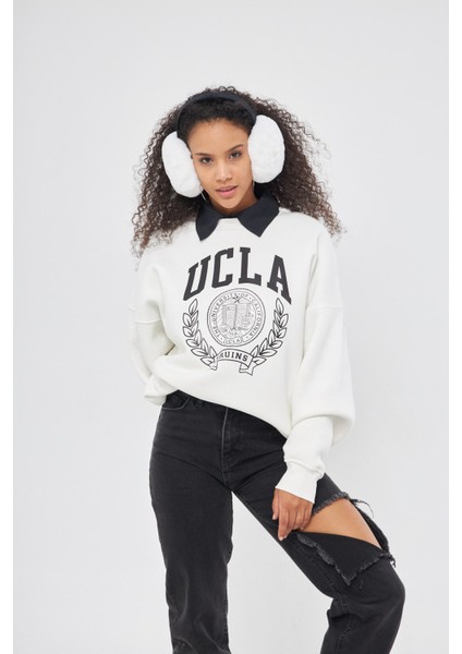 Ucla Yazı Baskılı Bisiklet Yaka Içi Polar Oversize Kesim Beyaz Sweatshirt