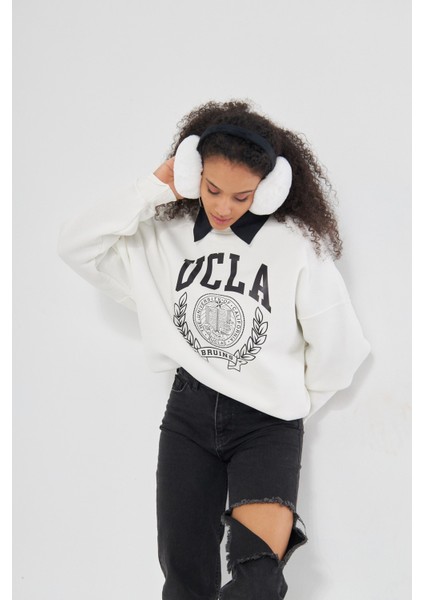 Ucla Yazı Baskılı Bisiklet Yaka Içi Polar Oversize Kesim Beyaz Sweatshirt