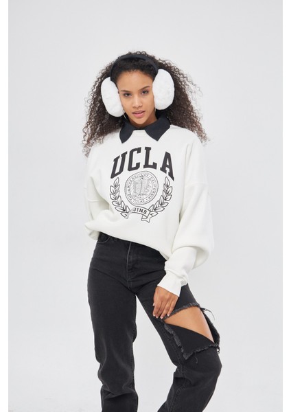 Ucla Yazı Baskılı Bisiklet Yaka Içi Polar Oversize Kesim Beyaz Sweatshirt