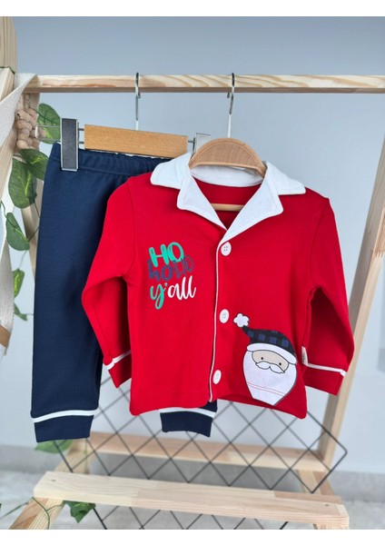 Noel Baba Ho Ho Baskılı Düğmeli Unisex Pijama Takım