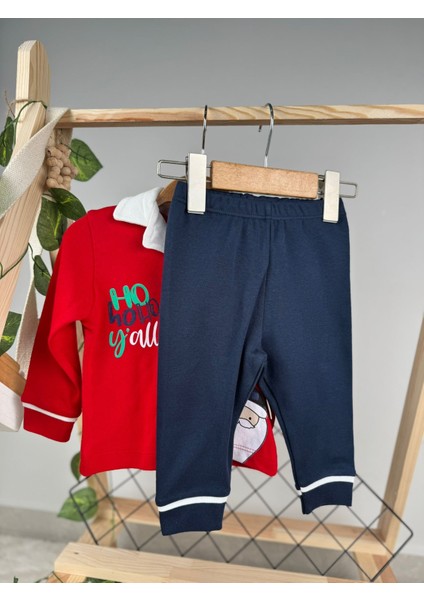 Noel Baba Ho Ho Baskılı Düğmeli Unisex Pijama Takım modelleri