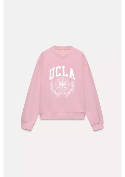 Ucla Yazı Baskılı Bisiklet Yaka Içi Polar Oversize Kesim Pembe Sweatshirt