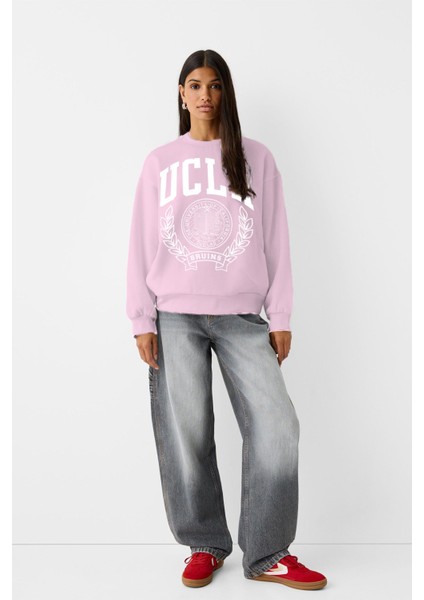 Ucla Yazı Baskılı Bisiklet Yaka Içi Polar Oversize Kesim Pembe Sweatshirt