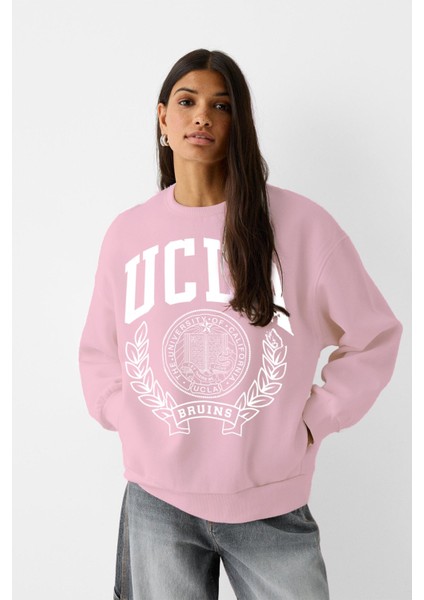 Ucla Yazı Baskılı Bisiklet Yaka Içi Polar Oversize Kesim Pembe Sweatshirt