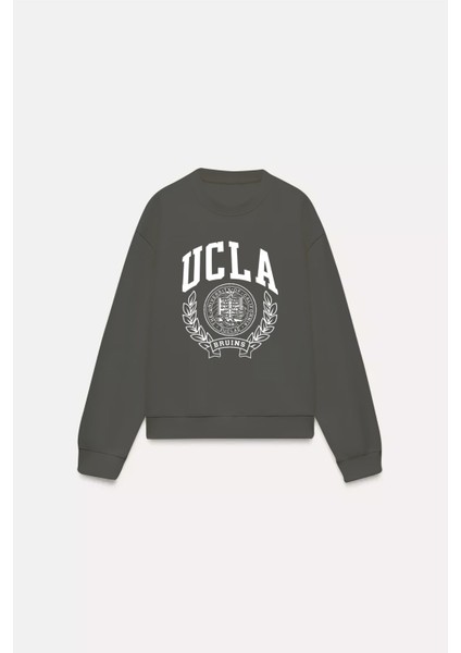 Ucla Yazı Baskılı Bisiklet Yaka Içi Polar Oversize Kesim Füme Sweatshirt