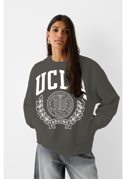 Ucla Yazı Baskılı Bisiklet Yaka Içi Polar Oversize Kesim Füme Sweatshirt