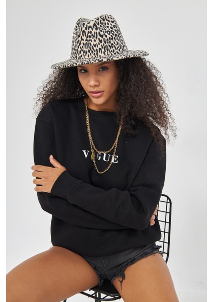 Vogue Yazı Baskılı Bisiklet Yaka Içi Polar Oversize Kesim Siyah Sweatshirt