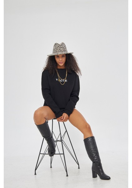 Vogue Yazı Baskılı Bisiklet Yaka Içi Polar Oversize Kesim Siyah Sweatshirt modelleri