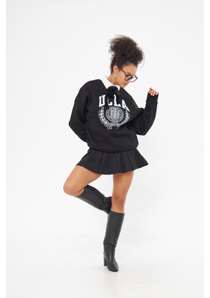 Ucla Yazı Baskılı Bisiklet Yaka Içi Polar Oversize Kesim Siyah Sweatshirt fiyatları