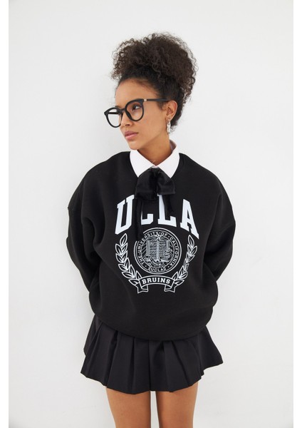 Ucla Yazı Baskılı Bisiklet Yaka Içi Polar Oversize Kesim Siyah Sweatshirt modelleri