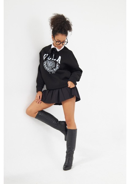 Ucla Yazı Baskılı Bisiklet Yaka Içi Polar Oversize Kesim Siyah Sweatshirt fırsatları