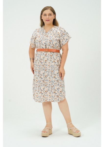 Büyük Beden Desenli Kemerli Oversize Elbise