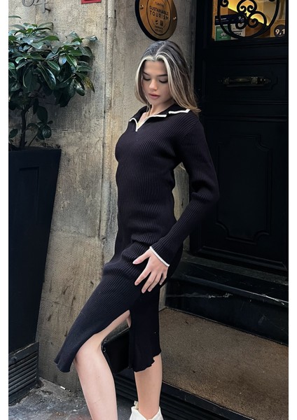 Siyah Polo Yaka Triko Midi Elbise