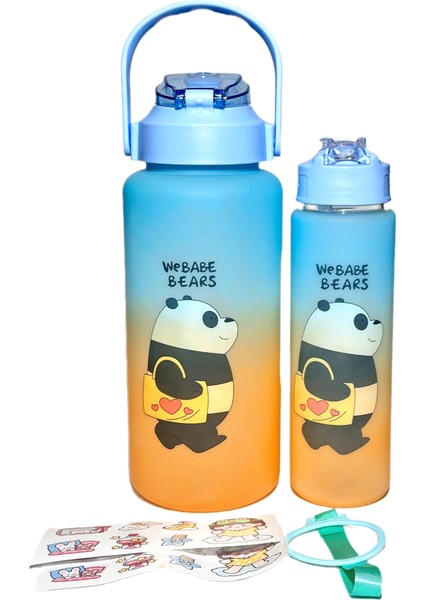 Motivasyon Matarası Ayıcık Desenli 2'li Suluk 2000 ml + 700 ml