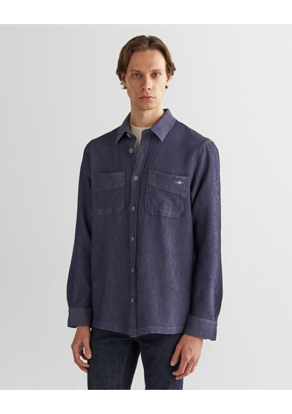 Erkek Lacivert Oversize Fit Gömlek Yaka Ekose Gömlek 3824317T.410