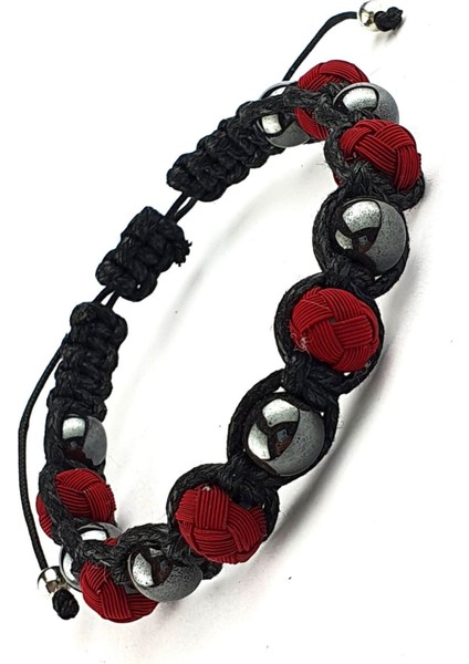 Hematit ve Bordo Kazaziye Detaylı El İşi Şambala Bileklik