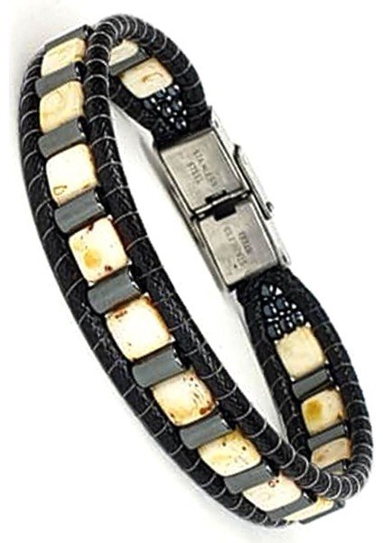 hematit ve akik taş detaylı el işi tasarım doğal taş bileklik