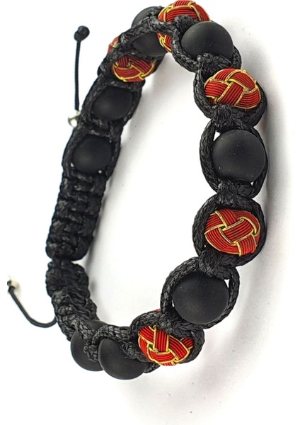 Mat Oniks ve Sari Kırmızı Kazaziye Detaylı Tasarım Şambala Taraftar Bileklik