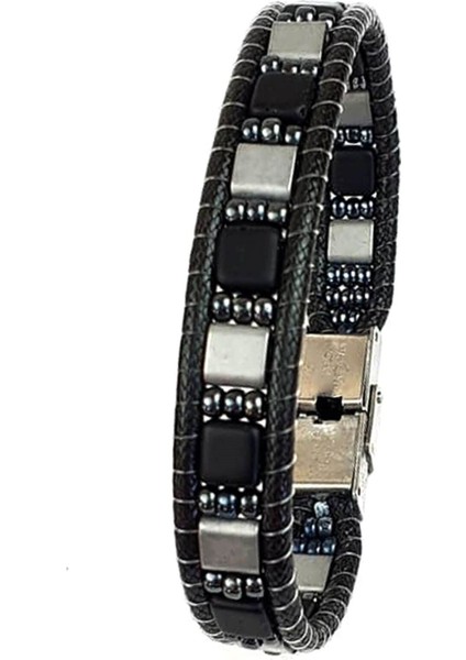 Hematit ve mat oniks taşlı el işi tasarım doğal taş bileklik