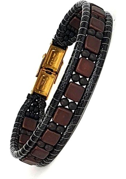 Hematit ve mat oniks taşlı tasarım el işi doğal taş bileklik