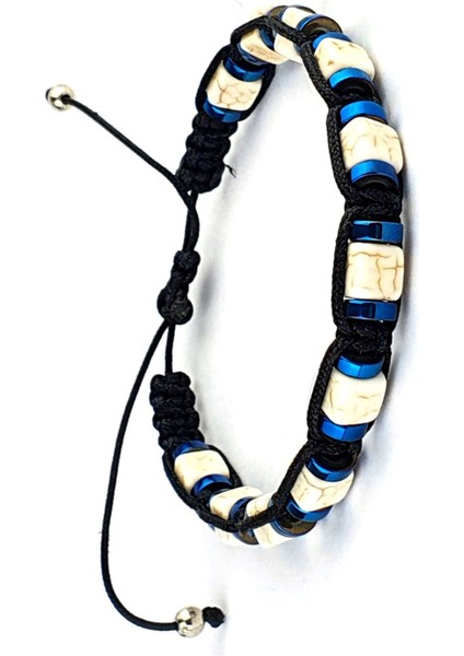 Beyaz Turkuaz ve Hematit Taşlı El.işi Tasarım Şambala Erkek Bileklik