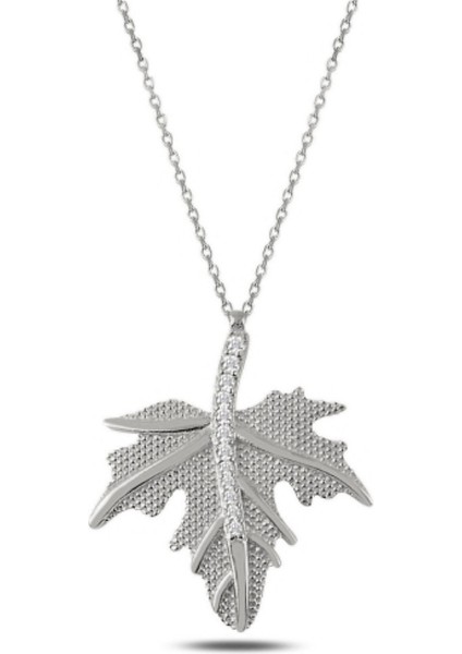 Gümüş Zirkon Taşlı Çınar Yaprağı Gümüş Kolye