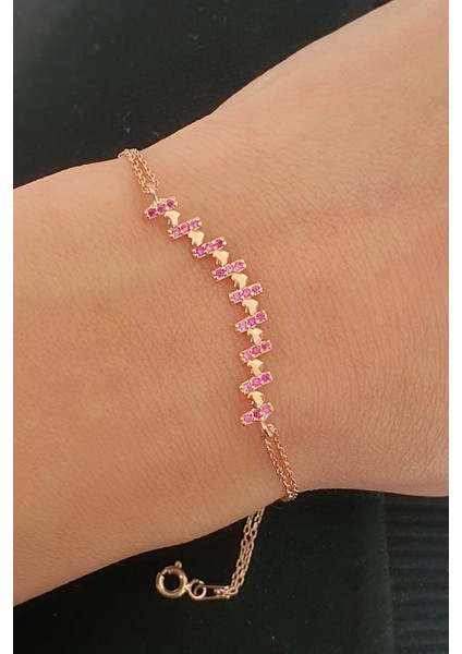 Pembe Zirkon Taşlı 925AYAR Gümüş Rose Kalpli Bileklik fiyatları