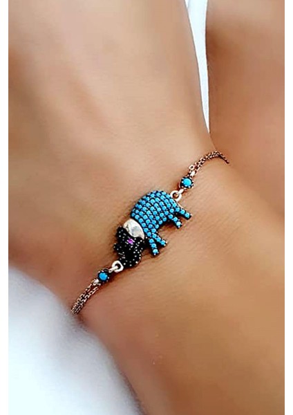 Turkuaz taşlı 925 ayar gümüş rose Fil figürlü bileklik