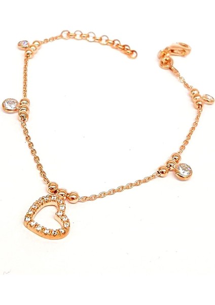 swarovski tasli kalp figurlu gumus rose ask bilekligi