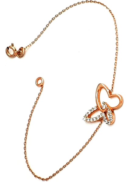 Kelebek figürlü zirkon taş detaylı gümüş rose bileklik