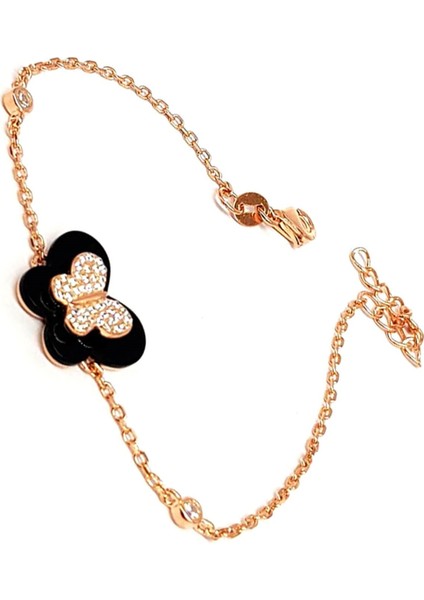 oniks ve zirkon taşlı gümüş üzerine rose altın kaplama bileklik