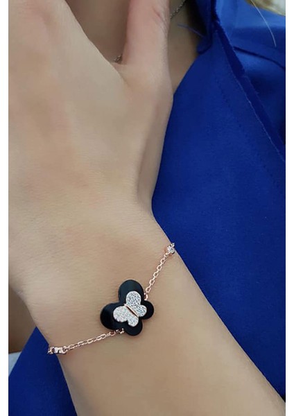 oniks ve zirkon taşlı gümüş üzerine rose altın kaplama bileklik fiyatları