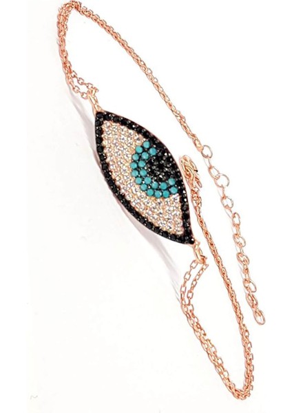 Zirkon Taşlı Nazar Boncuklu Göz Figürlü Gümüş Üzerine Rose Altın Kaplamalı Bileklik