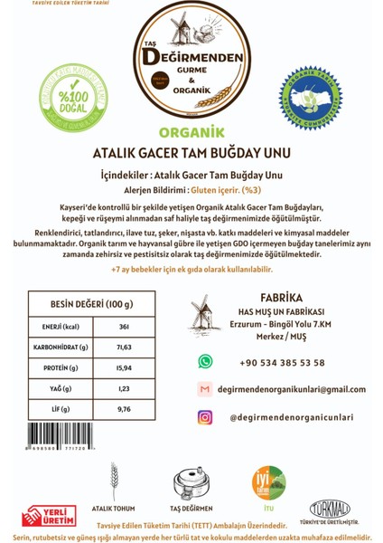 Organik Atalık Gacer Tam Buğday Unu - 10 Kilo