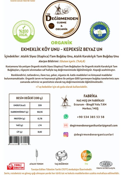 Taş Değirmenden Gurme & Organik Organik Atalık Ekmeklik Köy Unu - Kepeksiz Beyaz Un - 5 Kilo