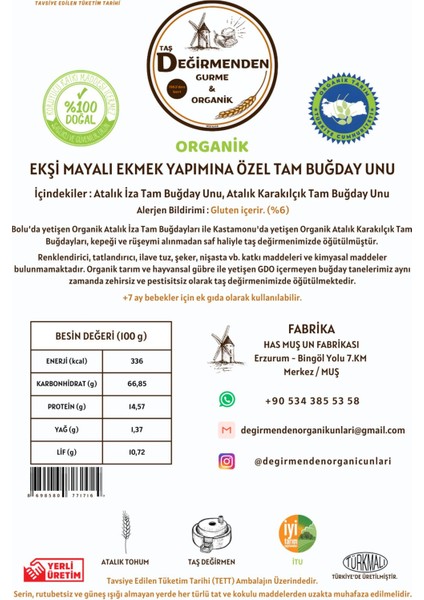 Organik Ekşi Mayalı Ekmek Yapımına Özel Tam Buğday Unu - 1 Kilo